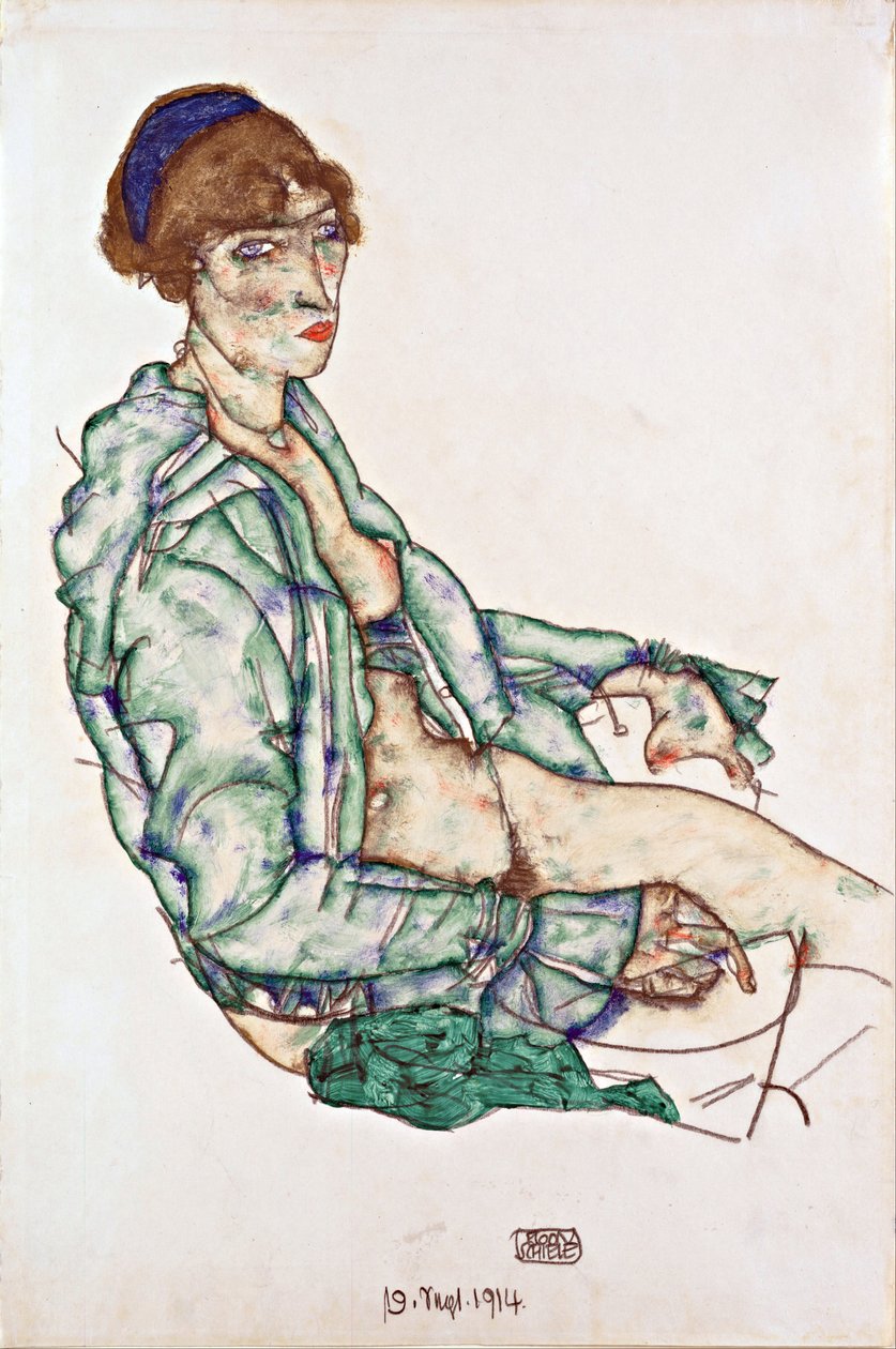 Ülő félmeztelen kék hajpánttal - Schiele, Egon (1890-1918) - 1914 - Fekete kréta, gouache papíron - 47,4x31,3 - Leopold Múzeum, Bécs alkotó: Egon Schiele