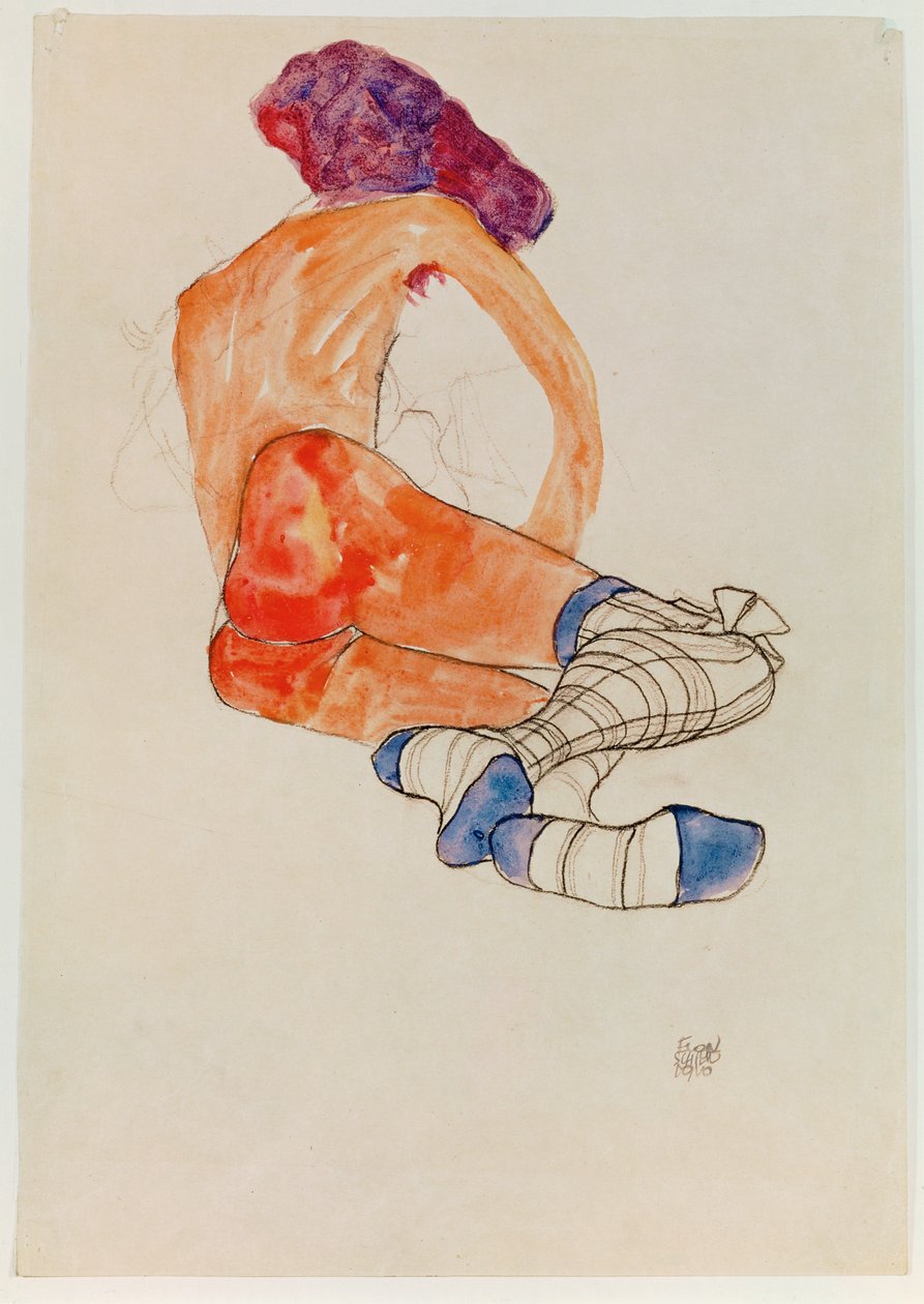 Ülő női akt kék harisnyakötővel, ... (gouache, akvarell, szén) alkotó: Egon Schiele