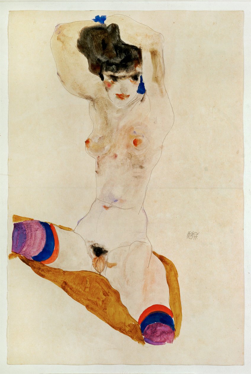 Ülő meztelen lány a feje fölött ... (akvarell és ceruza) alkotó: Egon Schiele