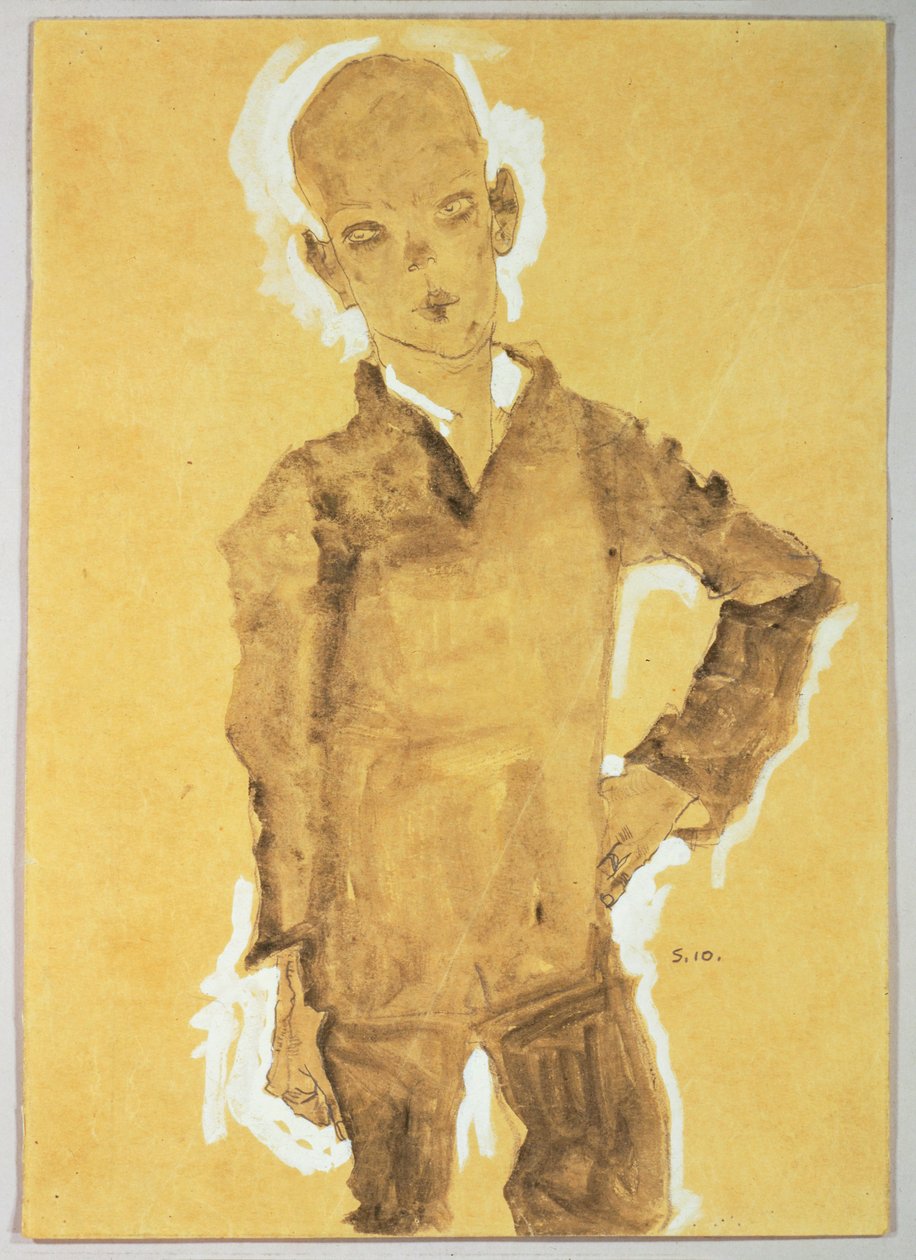 Álló fiú, bal kéz a csípőn (gouache, akvarell és ceruza, fehérrel kiemelve) alkotó: Egon Schiele