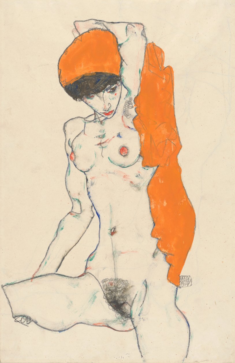Álló akt narancssárga drapériával, 1914 (wc, gouache és grafit papíron) alkotó: Egon Schiele
