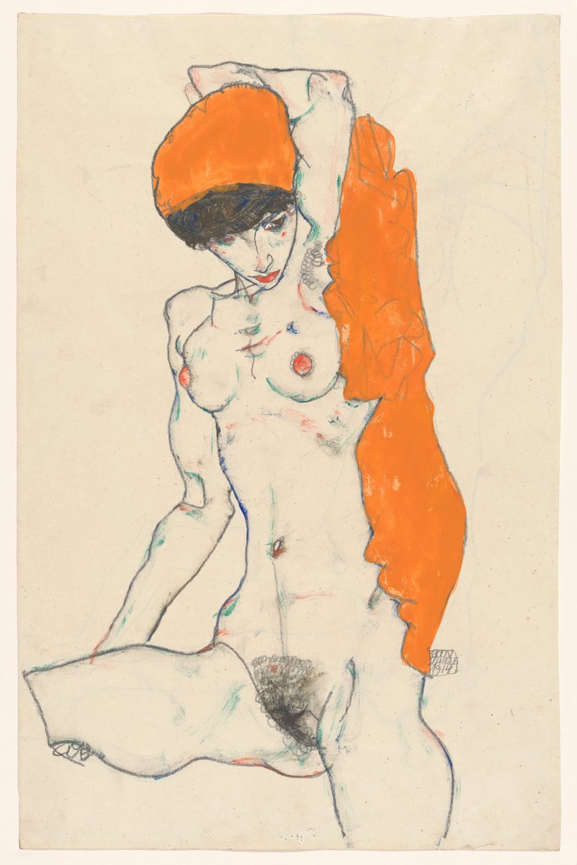 Álló akt narancssárga drapériával, 1914. alkotó: Egon Schiele