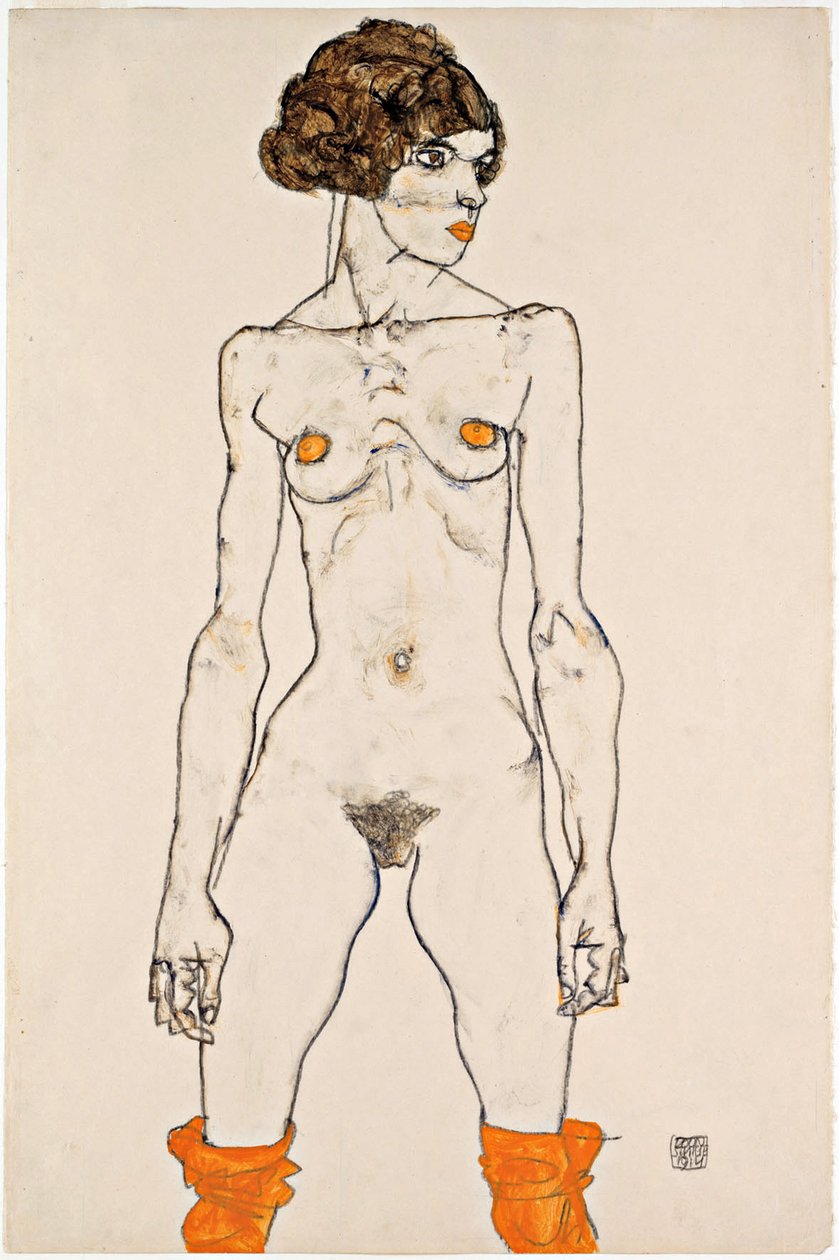 Álló fiatal női akt narancssárga színű harisnyával alkotó: Egon Schiele