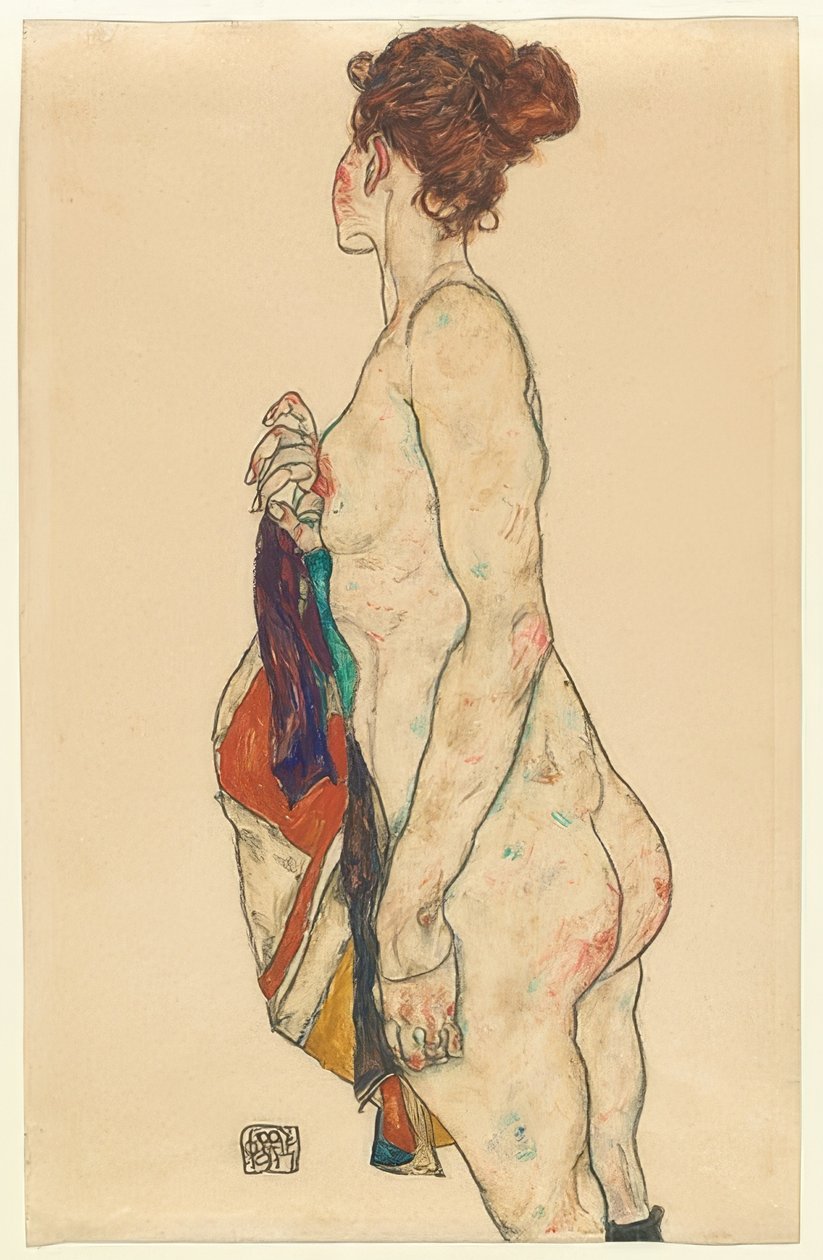 Álló akt, mintás köntösben. 1917 alkotó: Egon Schiele