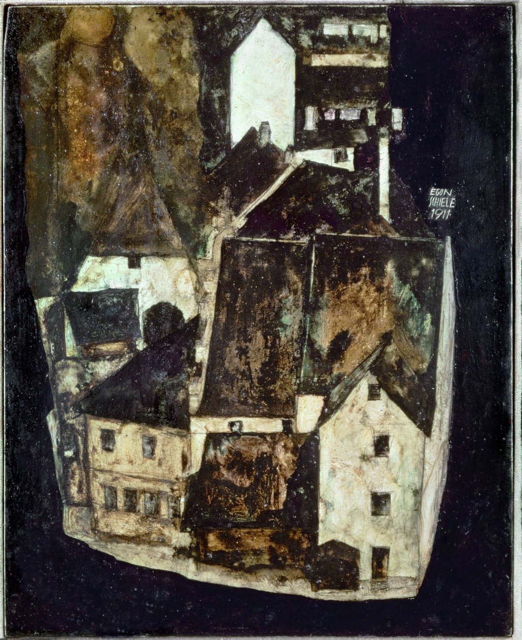 Tote Stadt III (Stadt am blauen Fluss III) [Halott város Iii (Város a kék folyón III)], ... (olaj és gouache, fa) alkotó: Egon Schiele