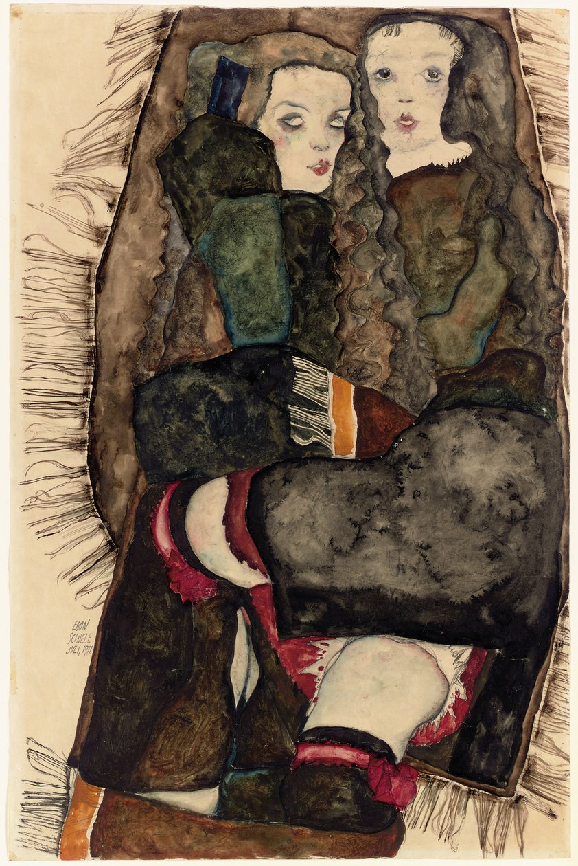 két lány rojtos takarón; Két lány rojtos takarón, 1911 alkotó: Egon Schiele