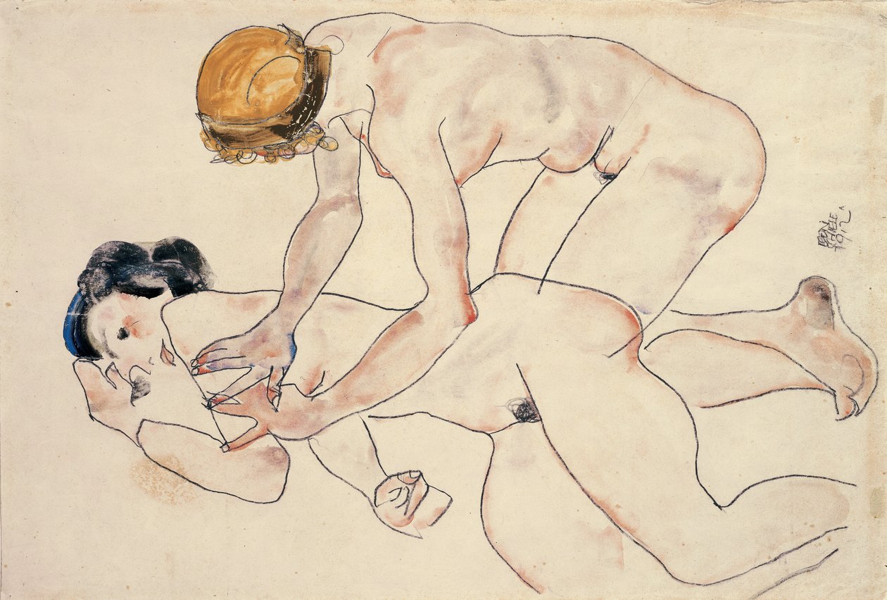 Két női akt, fekvő és térdelő alkotó: Egon Schiele