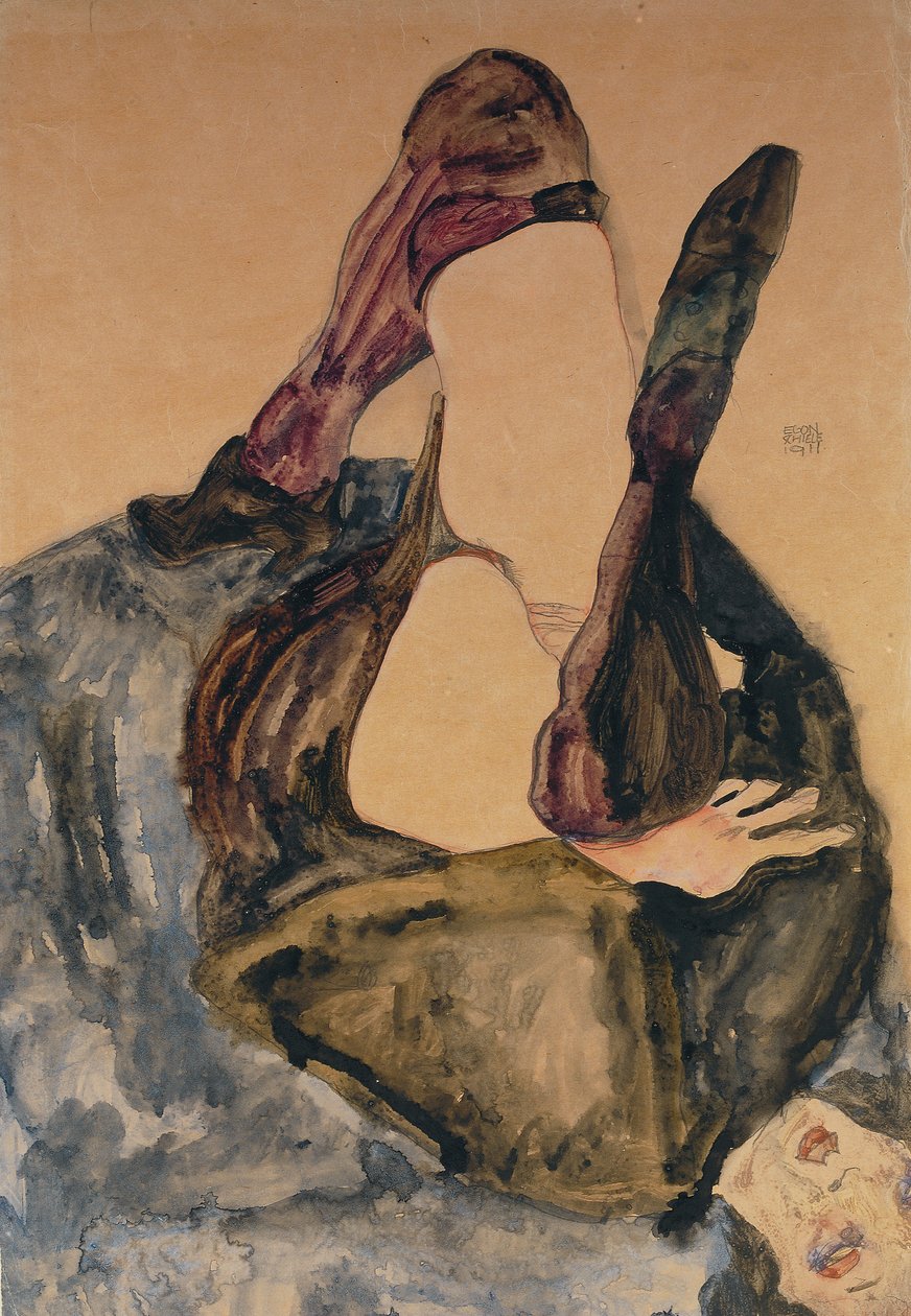 Nő megemelt lábbal és lila harisnyával; Nő felemelt lábbal és lila harisnyával, 1911 alkotó: Egon Schiele