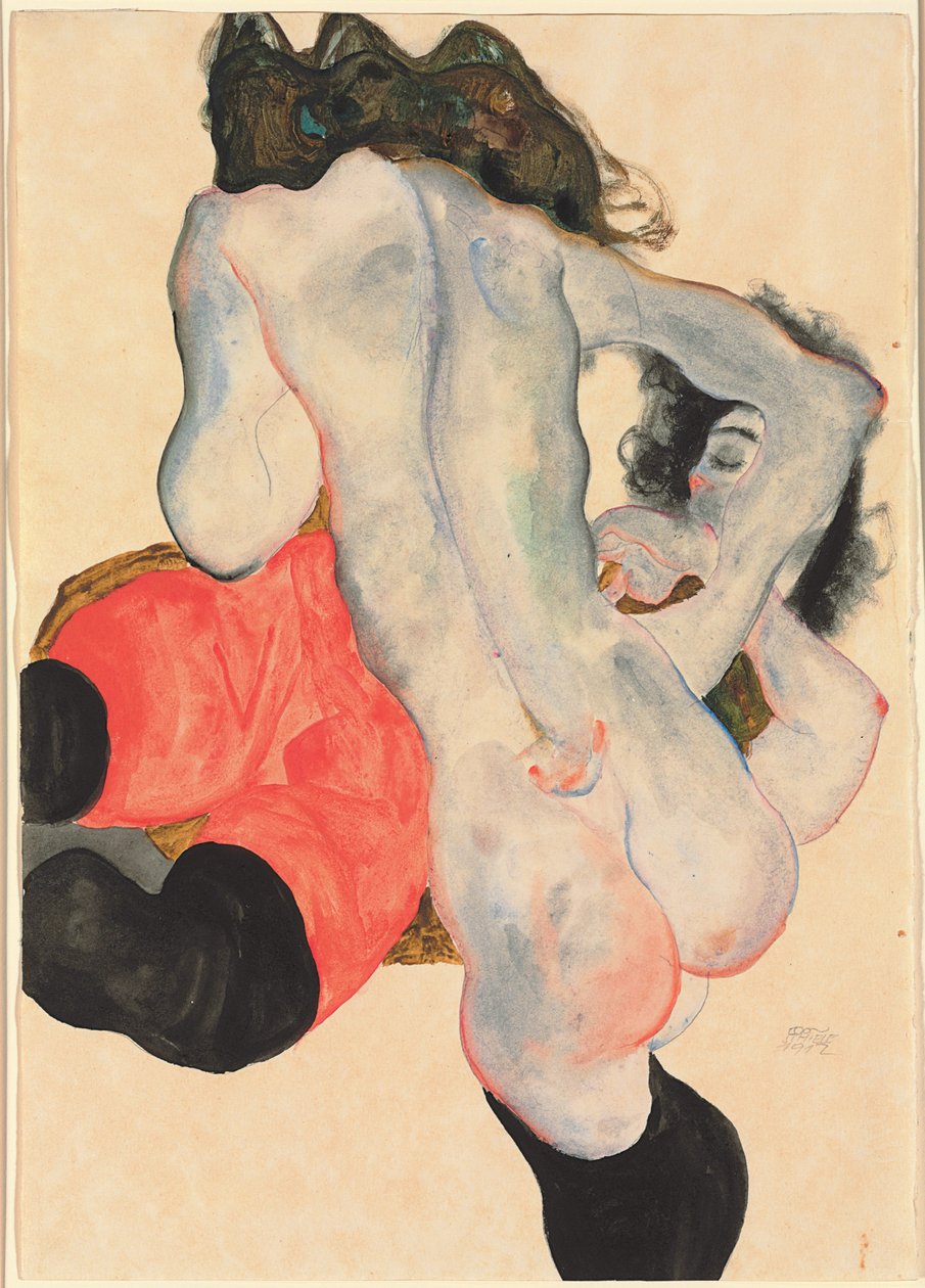 nő piros nadrággal és álló női akt; Fekvő nő piros nadrágban, álló női akt, 1912 alkotó: Egon Schiele