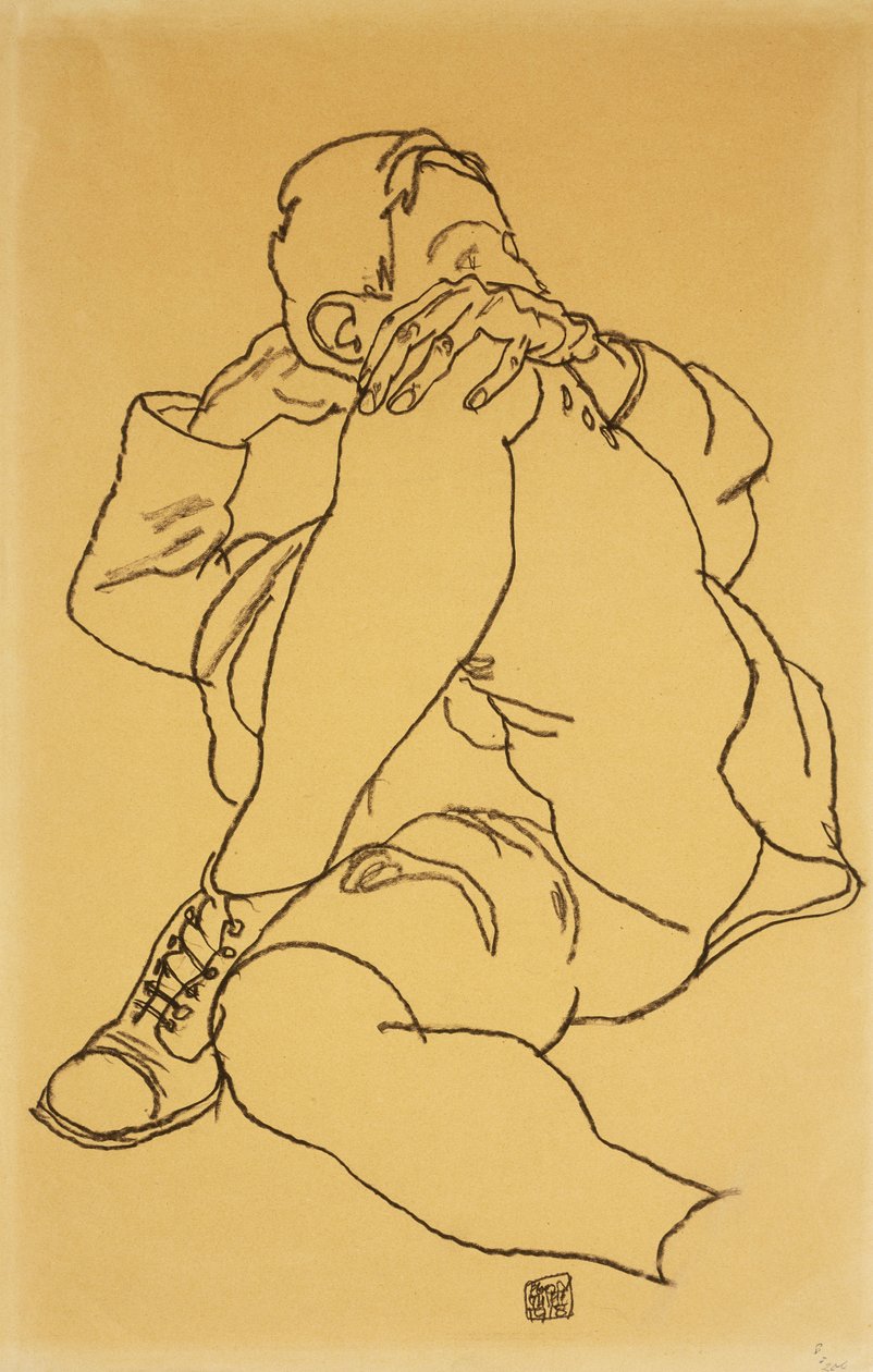 Fiatal ember, fekvő, feje, nyugszik, keresztbe tett lába; Fekvő fiú fejjel támasztva, bal lábával keresztbe tett, 1918 alkotó: Egon Schiele