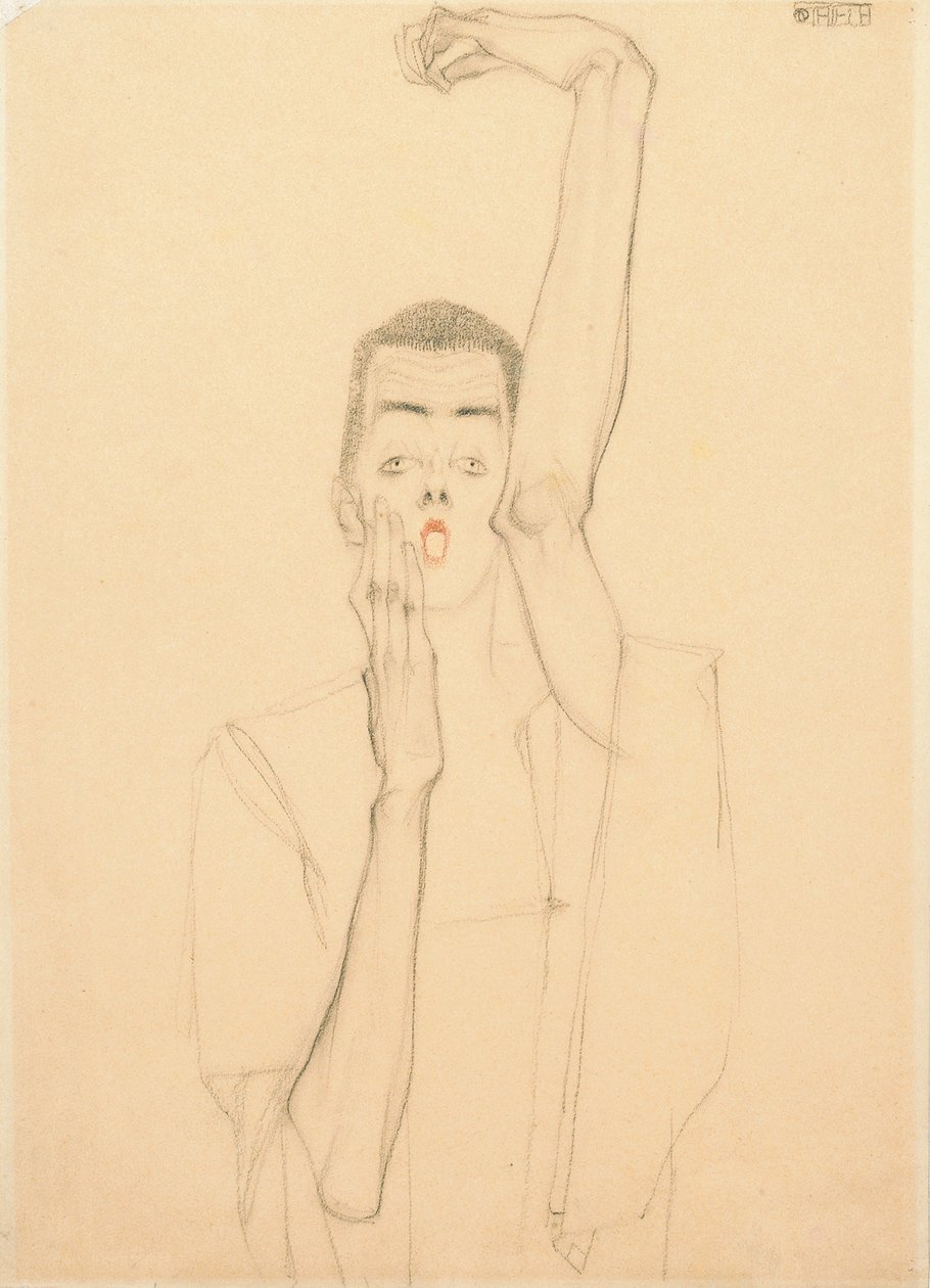 Fiatal férfi felemelt karral és vörös szájjal; Önarckép felemelt bal karral és vörös szájjal, 1909 alkotó: Egon Schiele