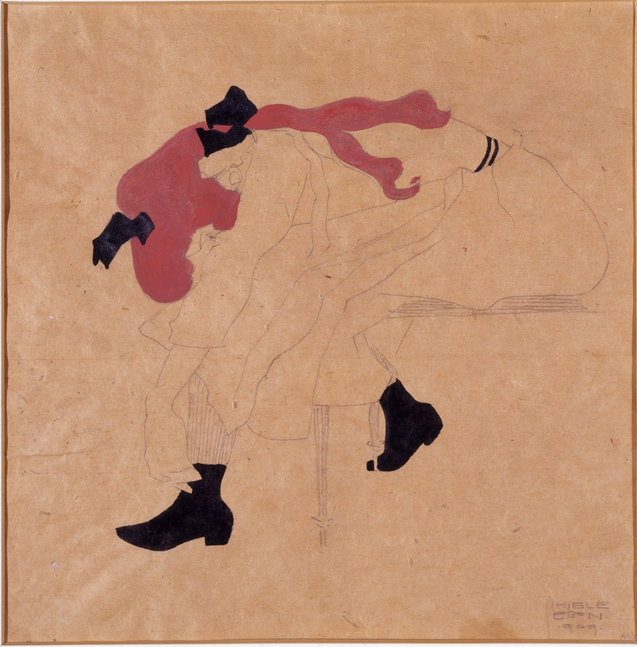Fiatal lány fekete szalaggal, vörös hajjal, cipőt húz, 1909 alkotó: Egon Schiele