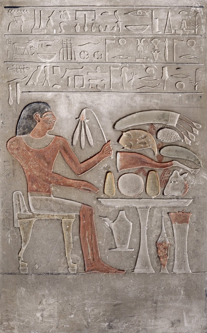 Az elhunytat ábrázoló sztélé egy áldozati asztal előtt (festett mészkő) alkotó: Egyptian