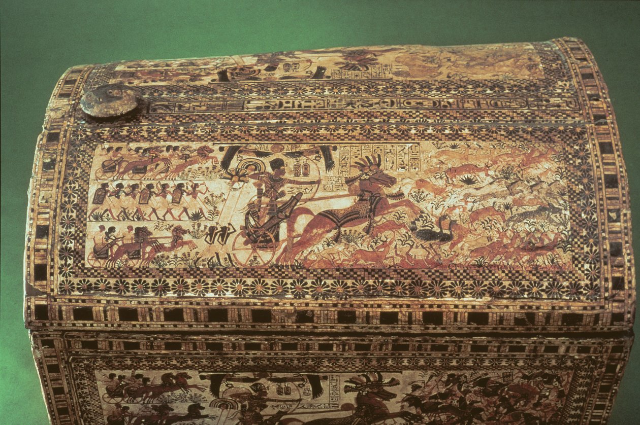 Részlet egy Tutanhamon ládáról, Új Királyság, Kr.e. 1340 körül, festett fa alkotó: Egyptian 18th Dynasty
