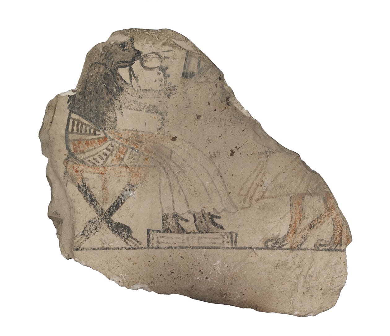 Mészkő ostracon humoros vázlatokkal piros és fekete tintával fekete-piros tintával festett mészkő alkotó: Egyptian 19th Dynasty