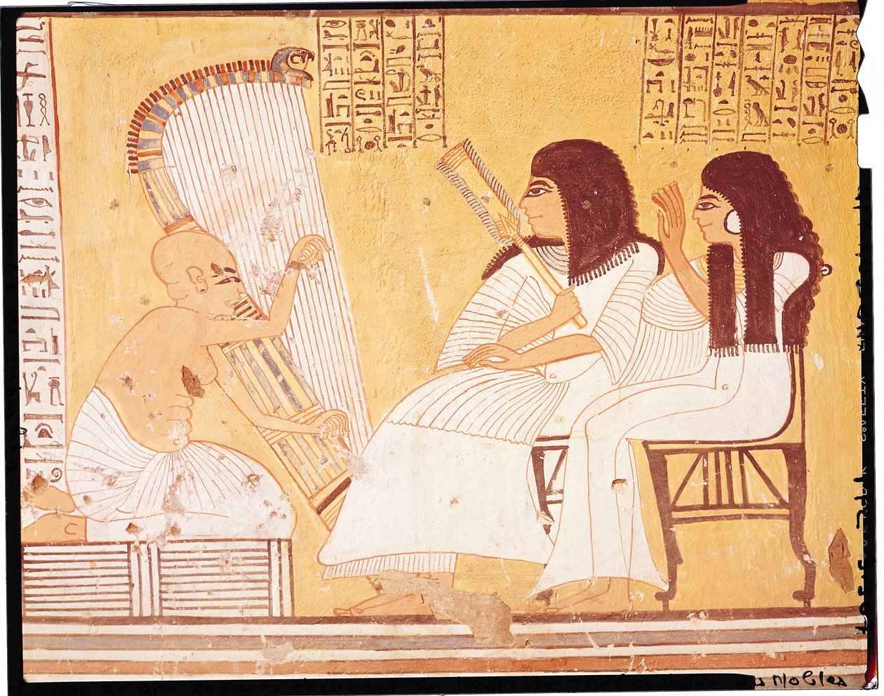 Az elhunyt és felesége egy vak hárfást hallgat, Ankerkhe sírjából, Workmens Tombs, New Kingdom (falfestmény) alkotó: Egyptian 20th Dynasty