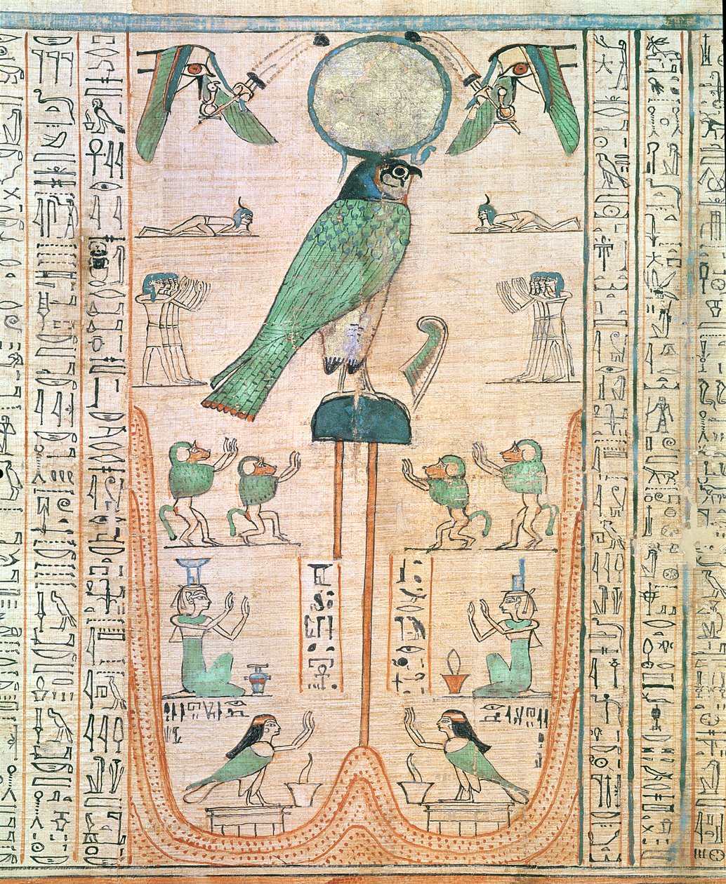 A felkelő nap imádása a sólyom alakjában Re-Horakhty, Újbirodalom, Kr.e. 1150 körül (papirusz) alkotó: Egyptian 20th Dynasty