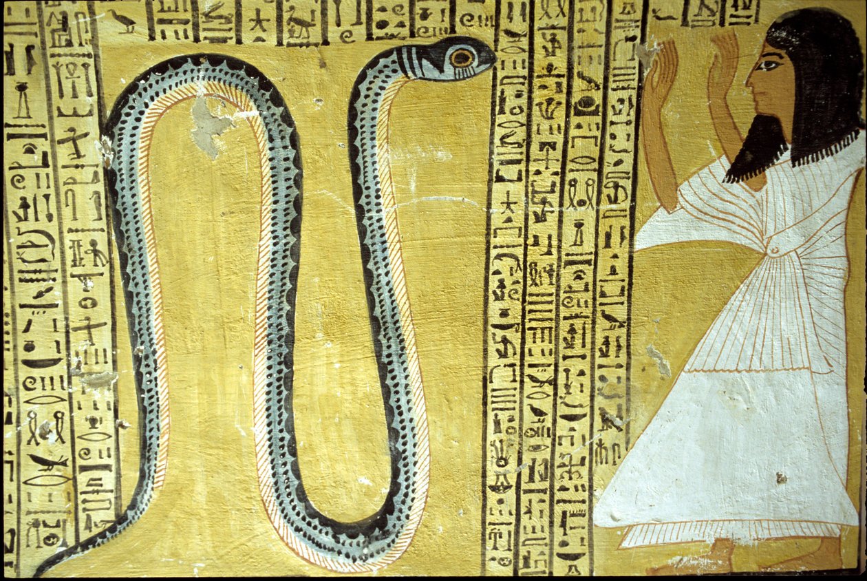 Inherkhau, aki az alvilág Sito kígyóistenét imádja, Inherkhau sírjából, Thébából (falfestmény) alkotó: Egyptian 20th Dynasty
