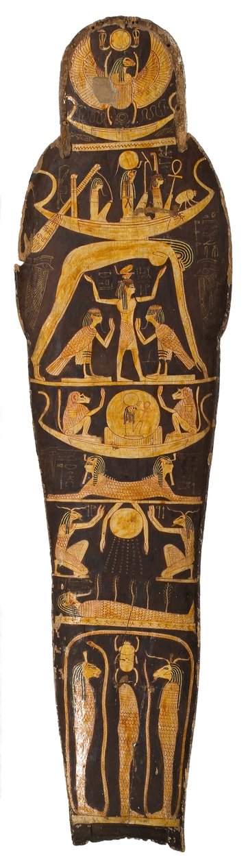 Múmiafedél, Amun Re templom írnokai főnökének koporsójából, Nespawershefyt, harmadik köztes időszak, ie 1000 körül festett fa alkotó: Egyptian 21st Dynasty