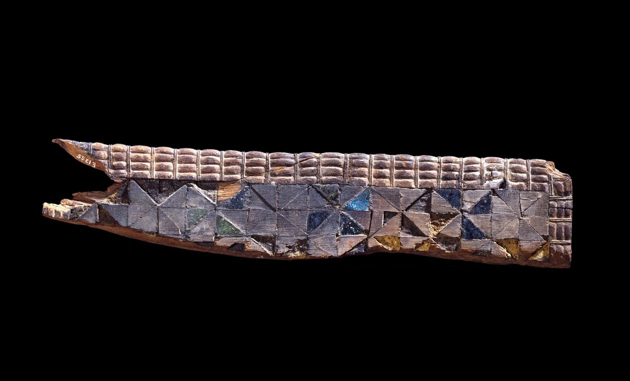 Puhafából faragott bútortöredék, Kr.e. 2800 körüli puhafa fajansszal és színes fával kirakott vakolattal alkotó: Egyptian 2nd Dynasty