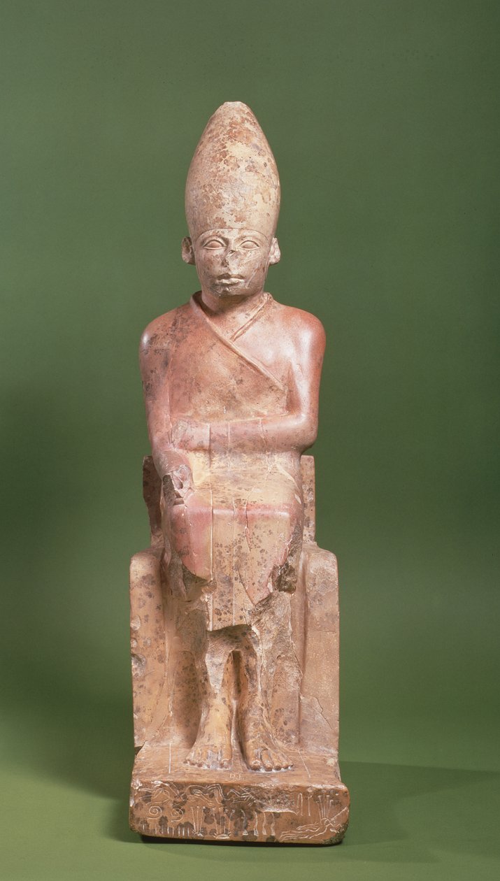 Khasekhem fáraó ülő szobra meghódított ellenségekkel az alap körül bemetszve, Hierakonpolisban, ie 2700 körül (mészkő) alkotó: Egyptian 2nd Dynasty