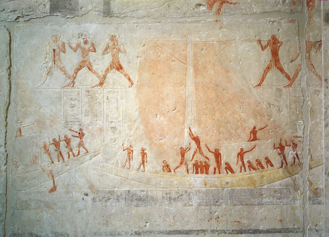 Dombormű az Akhethotep masztabájáról, amely csónakázást ábrázol, Szakkarából, Óbirodalomból (festett mészkő) alkotó: Egyptian 5th Dynasty