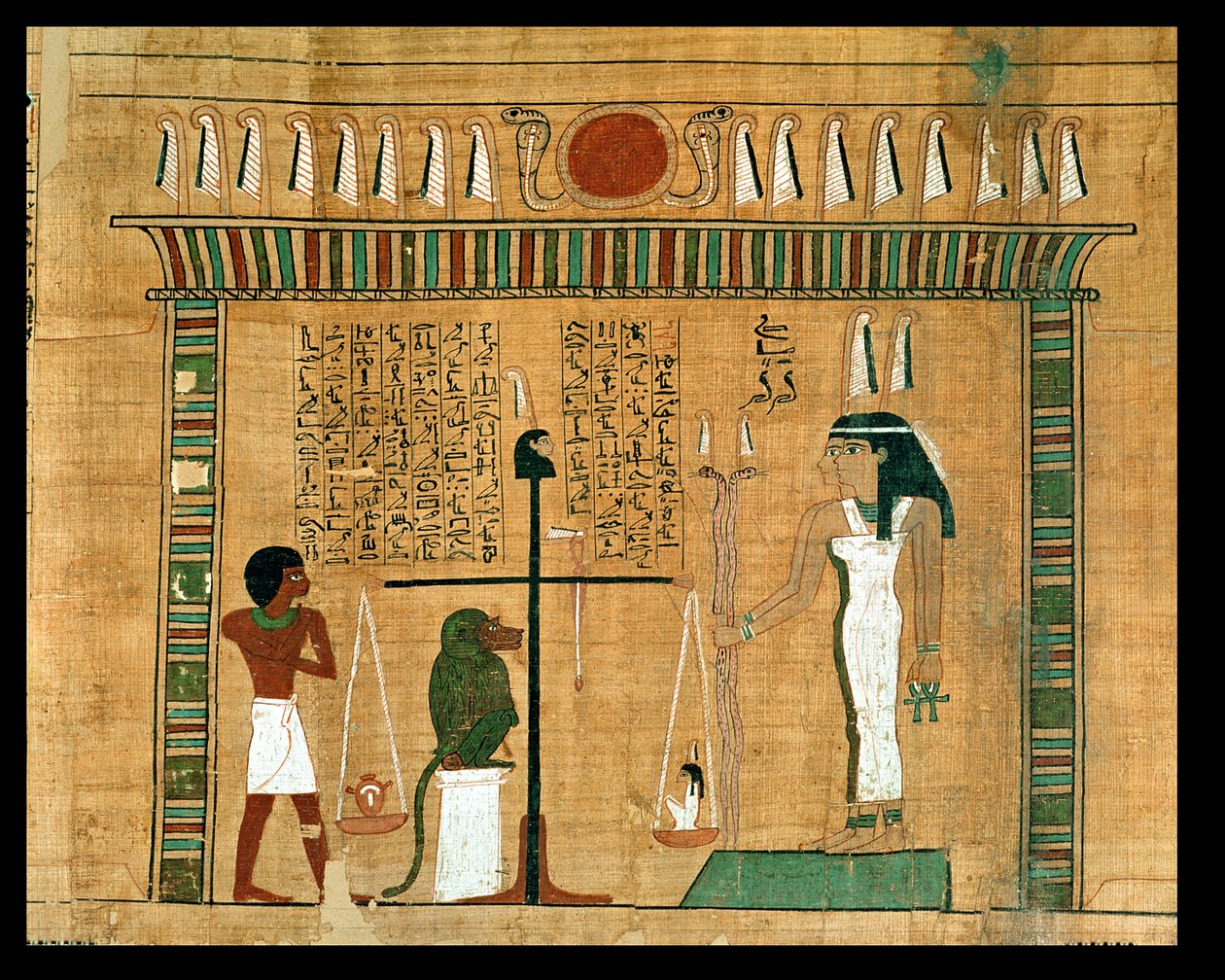 A szív mérlegelése, részlet a Halottak könyve egyik oldaláról (papirusz) alkotó: Egyptian