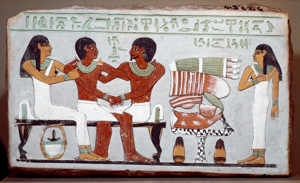 Egyiptomi antikvitás: Amenemhet (Amenemhat) családját ábrázoló temetkezési sztélén festett mészkő alkotó: Egyptian 11th Dynasty