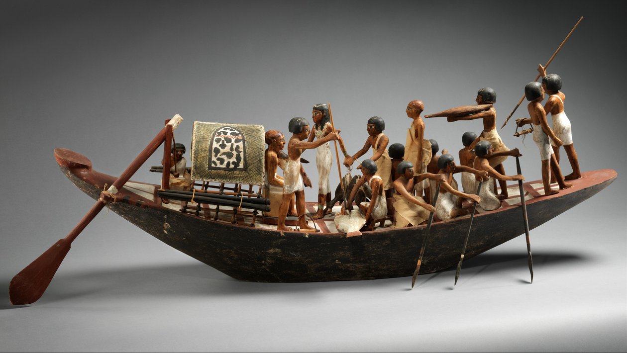 Sportcsónakmodell Meketre sírjából, i.e. 1981–1975. (vakolt és festett fa, len, len zsineg, réz) alkotó: Egyptian 12th Dynasty