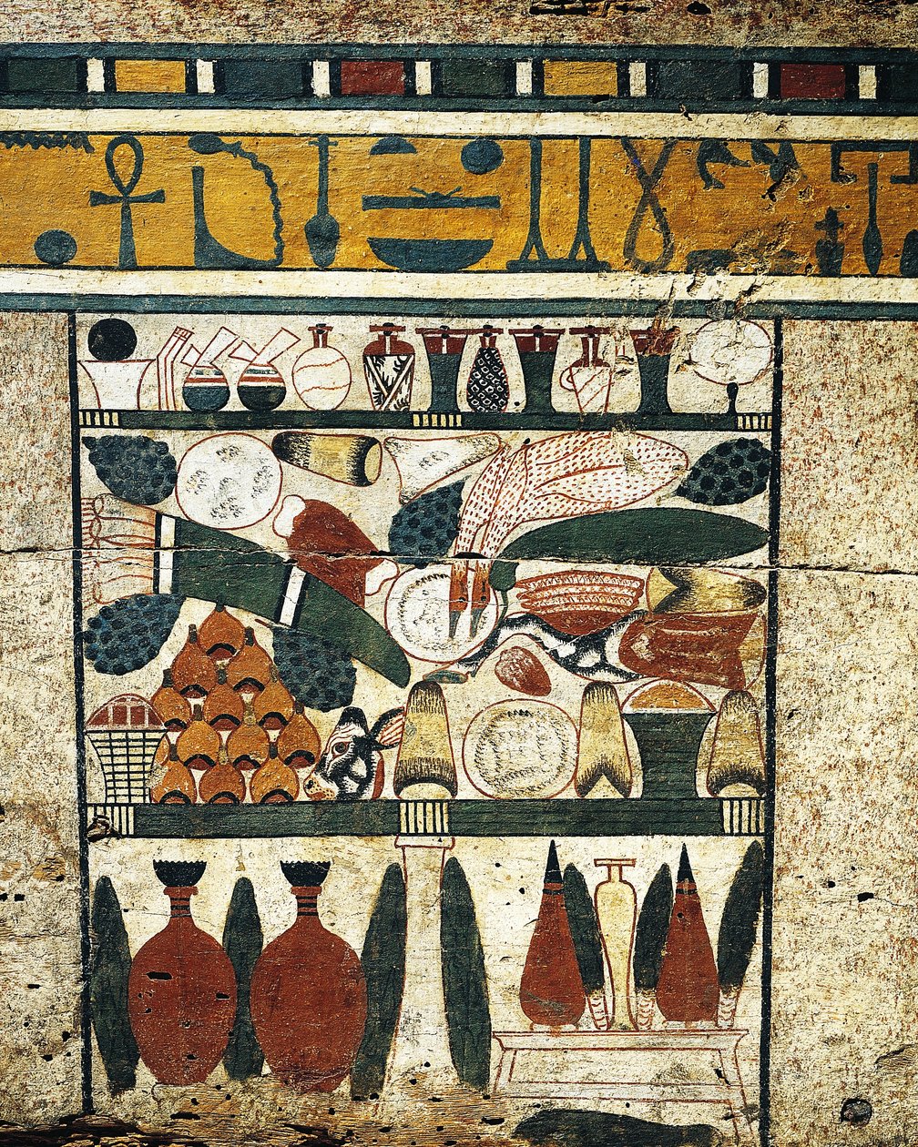 Vakolt, festett fa panel részlet halom temetési felajánlással, az Ibi szarkofágból alkotó: Egyptian 17th Dynasty