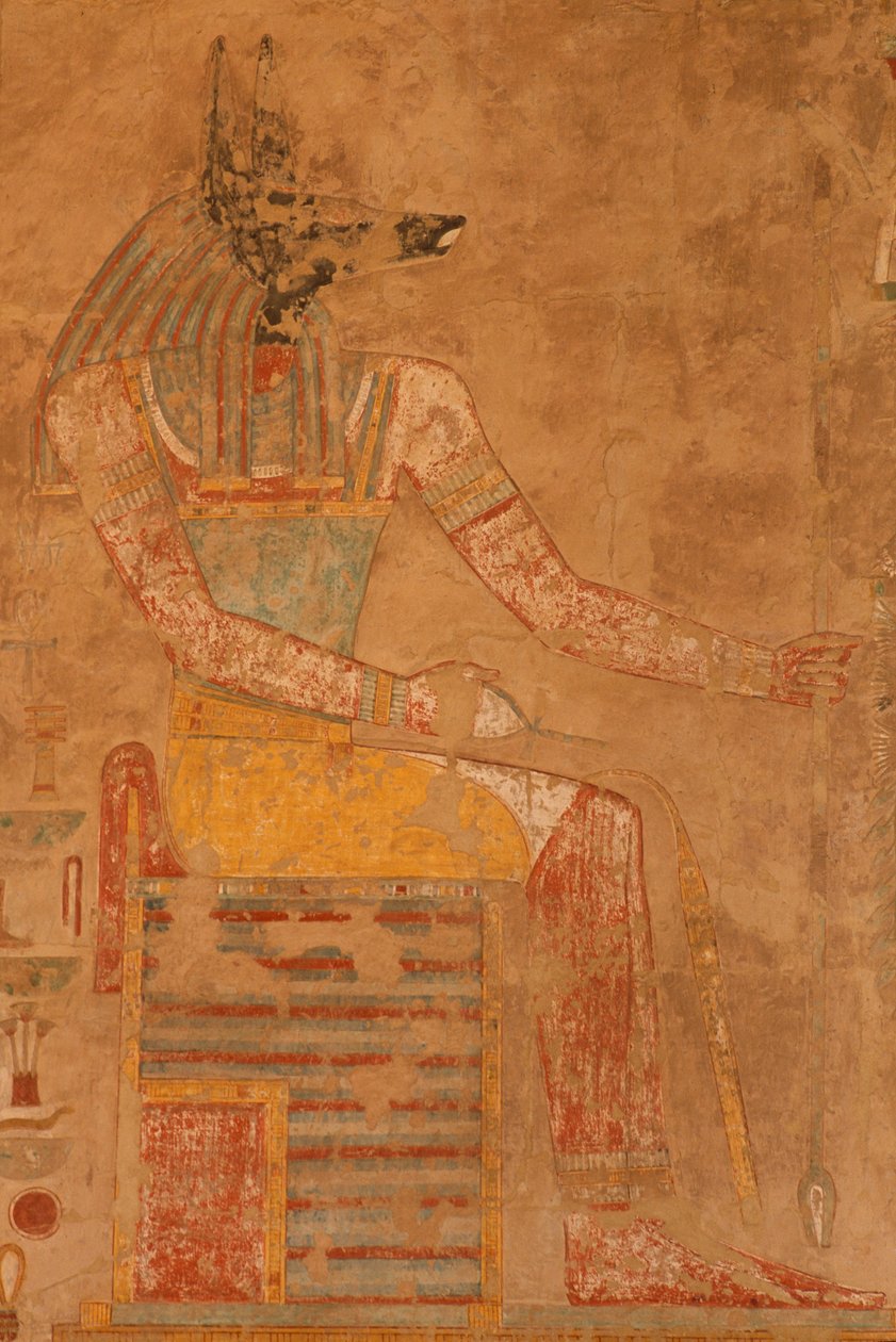 Anubisz, a halál istene Hatsepszut királynő halotti templomából (Kr. e. 1503-1482) (festett mészkő) alkotó: Egyptian 18th Dynasty