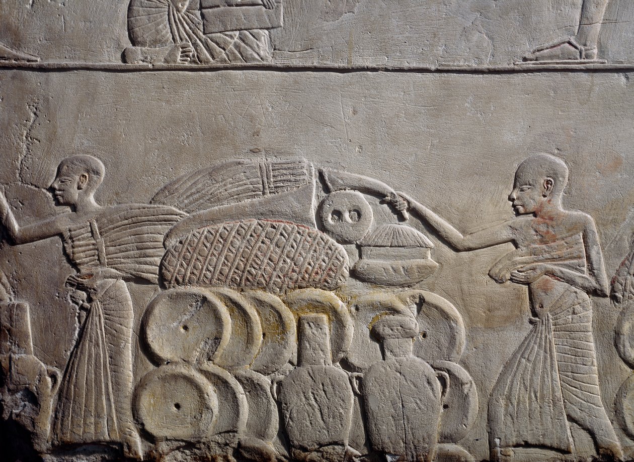 Élelmiszer-elrendezés raktárakban, mészkőfal dombormű, Horemheb memfiti sírjából Szakkarában, Egyiptomi civilizáció, Új Királyság, XVIII. dinasztia alkotó: Egyptian 18th Dynasty