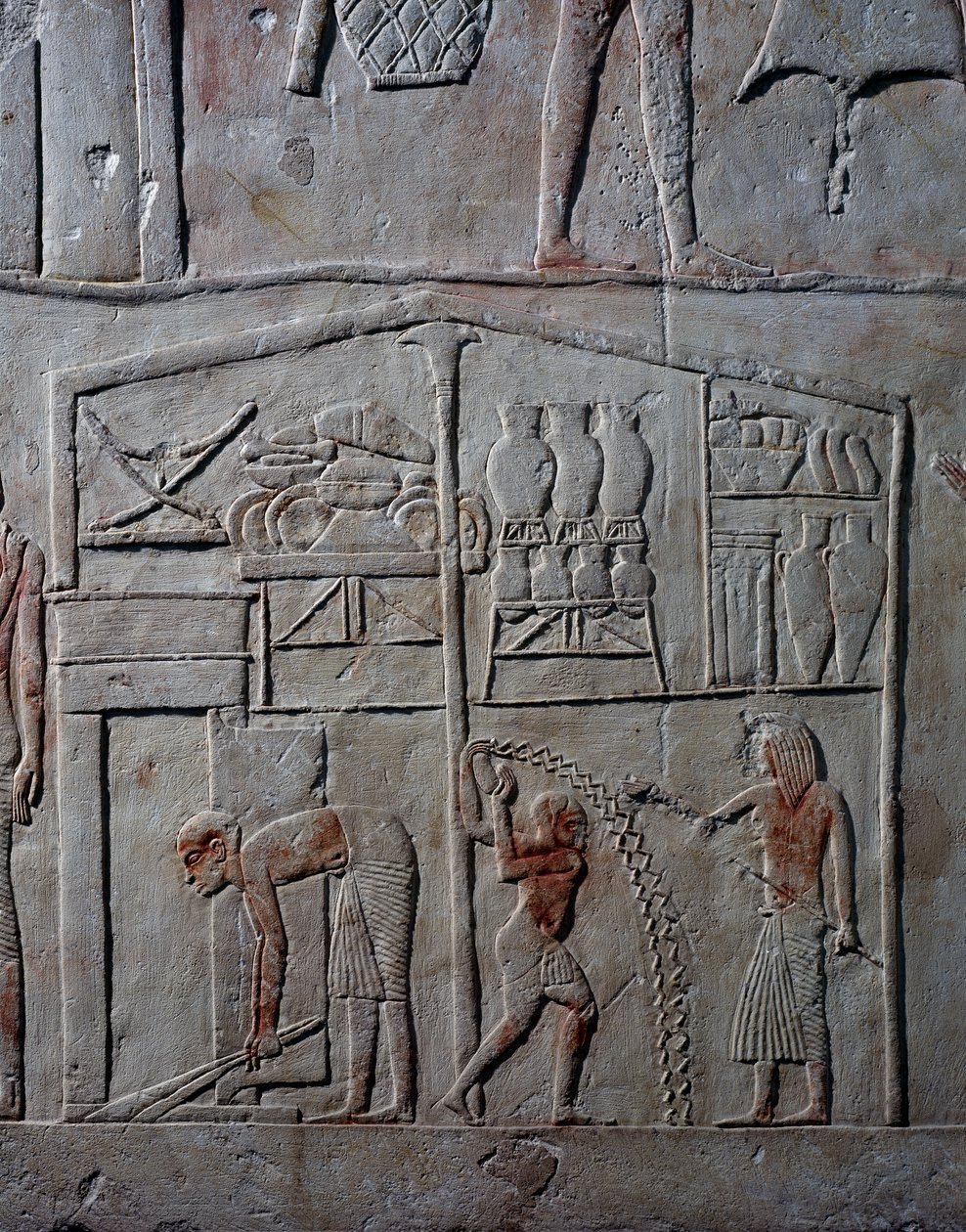 Élelmiszerek elhelyezése a raktárakban, mészkő faldombormű, Horemheb memfita sírjából Szakkarában, Egyiptomi civilizáció, Újbirodalom, XVIII. dinasztia alkotó: Egyptian 18th Dynasty