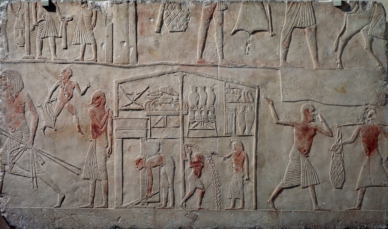 Élelmiszerek elhelyezése a raktárakban, mészkő faldombormű, Horemheb memfita sírjából Szakkarában, Egyiptomi civilizáció, Újbirodalom, XVIII. dinasztia alkotó: Egyptian 18th Dynasty