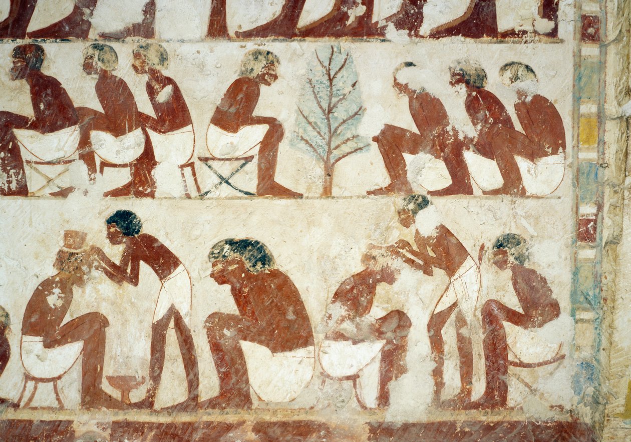 A katonák hajvágása, freskó, déli fal, nyugati keresztirányú kamra, Userhat sírja, tanár és írnok II. Amenhotep uralkodása alatt, más néven TT56 sír, Abd el-Qurna sejk, Théba. Egyiptomi civilizáció, Újbirodalom, XVIII. dinasztia. alkotó: Egyptian 18th Dynasty