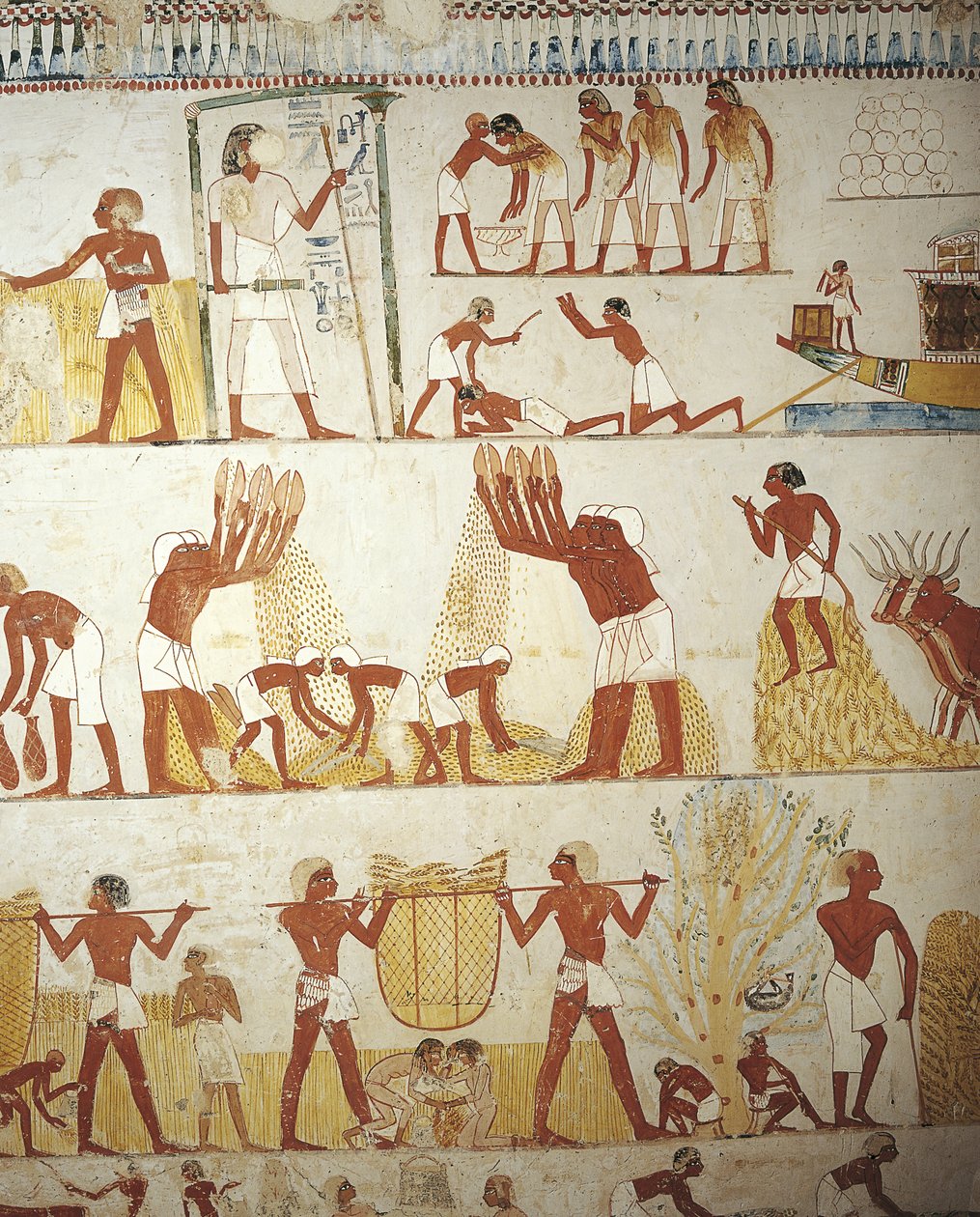 Egyiptom, Théba, Luxor, Abd al-Qurna sejk, Menna királyi birtokfelügyelő sírja, előcsarnok, falfestmények, szántóföldi munka alkotó: Egyptian 18th Dynasty