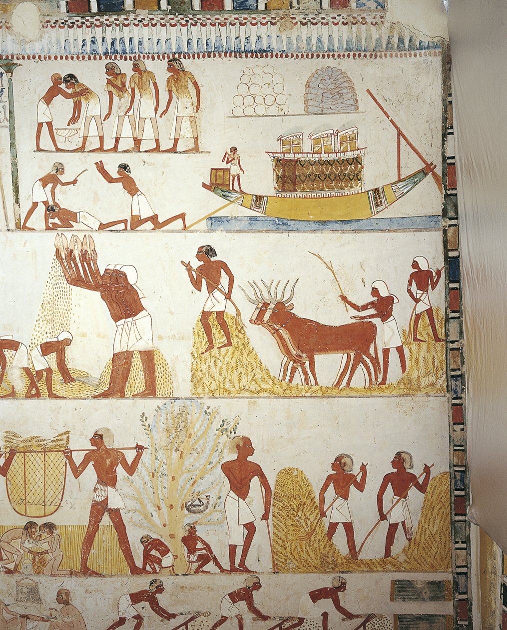 Egyiptom, Théba, Luxor, Abd al-Qurna sejk, Menna királyi birtokfelügyelő sírja, előcsarnok, falfestmények, szántóföldi munka alkotó: Egyptian 18th Dynasty