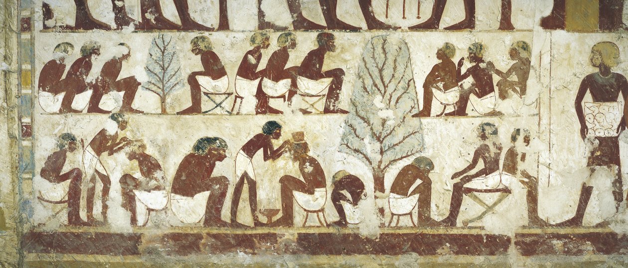 Egyiptom, Théba, Luxor, Abd al-Qurna sejk, Userhat királyi írnok sírja, előcsarnok, falfestmények, borbélyok dolgoznak platánfák alatt alkotó: Egyptian 18th Dynasty