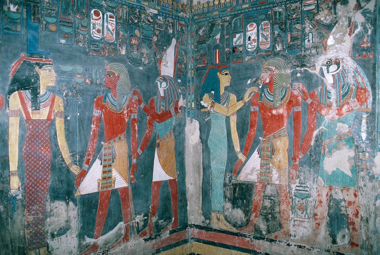 Egyiptom, Théba, Luxor, Királyok völgye, Horemheb sírja, Horemhebet ábrázoló falfestmény Isis istennő és Hórusz isten között, Újbirodalom, XVIII. dinasztia alkotó: Egyptian 18th Dynasty