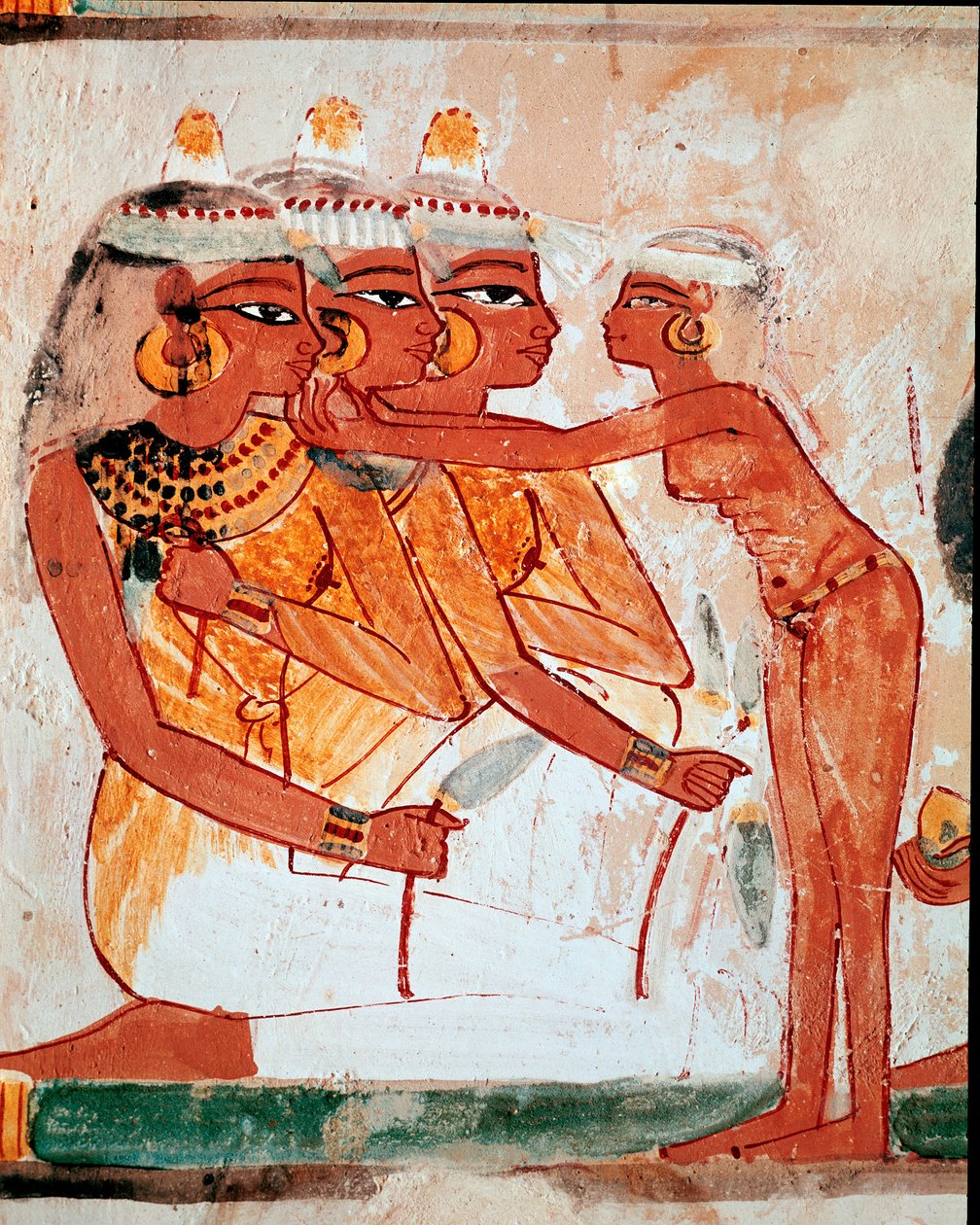 Egyiptomi művészet: Nakht sírja. WC: szobalány segít három lótuszvirágot tartó nőnek ékszert feltenni a temetési bankett előtt. Luxor freskója (Téba helye, Abd al-Gournah sejk nekropolisza (Gournah), a Nílus bal partja, Egyiptom. alkotó: Egyptian 18th Dynasty