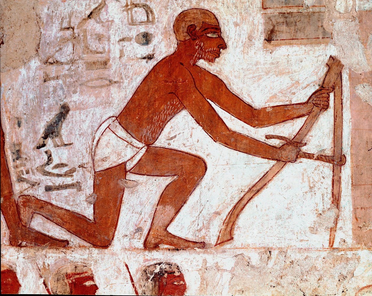 Egyiptomi művészet: Rekhmire sírja. Ploucher dolgozik a mezőgazdasági szerszámával. Luxor freskója (Téba helye, Abd al-Gournah (Gournah) sejk nekropolisza, a Nílus bal partja, Egyiptom. - Ókori Egyiptom: Rekhmire sírja. Egy szántó munkája agrijával alkotó: Egyptian 18th Dynasty