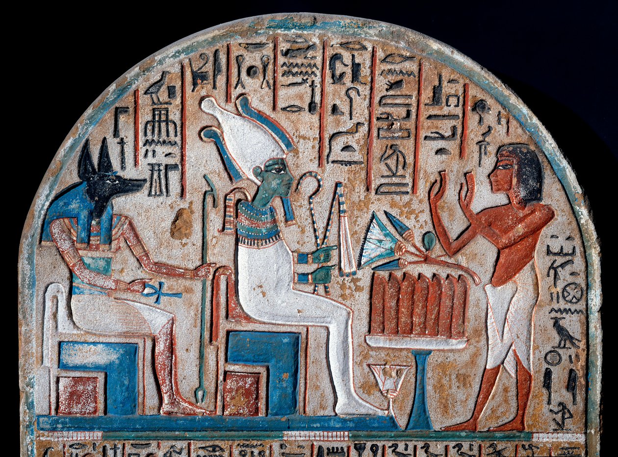 Egyiptomi antikvitás: Anubis, a halottak istensége, aki az élet kulcsát egy Ansee-kereszt (Ankh) alakjában tartja. Festett mészkő. A 18. dinasztia vége. Kr. e. 14. század. Torino, Egyiptomi múzeum - Egyiptom alkotó: Egyptian 18th Dynasty