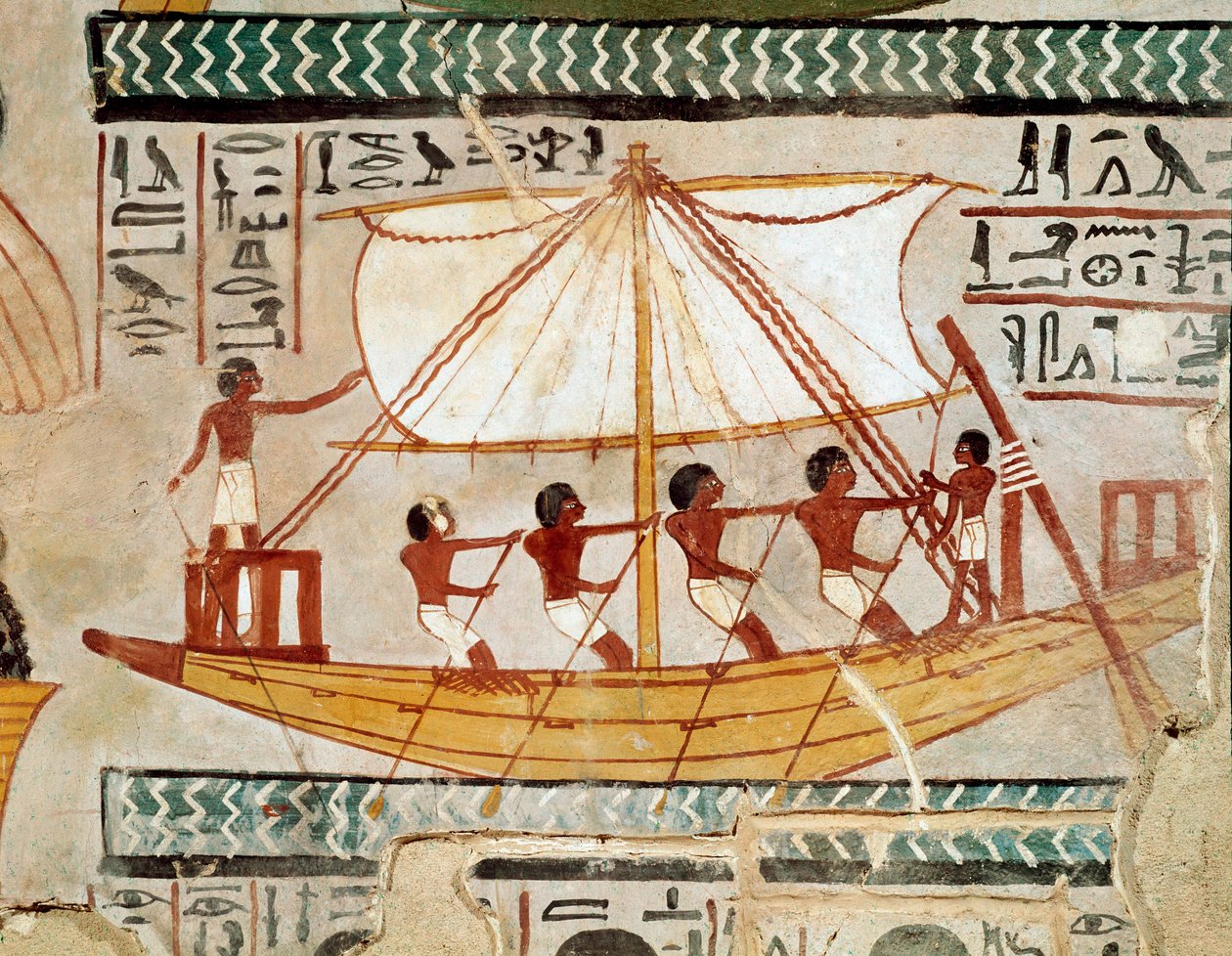 Egyiptomi antikvitás: „” hajó a folyón, amely zarándokútjáról visszatér Ozirisz sírjához, Abydos”” XVIII. dinasztia. Freskó Sennefer sírjából (TT 96) a gournahi nemesek sírterületéről. Abd el-Gournah sejk (el Gournah), Luxor Egyiptom – Ancie alkotó: Egyptian 18th Dynasty
