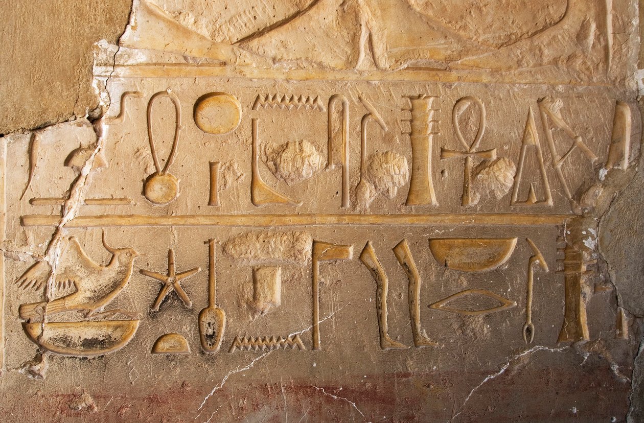 Egyiptomi antikvitás: a hosszú élettartamot és a jólétet jelképező patronnal és hieroglifákkal ellátott felirat részlete. Hatsepszut királynőnek szentelt templom (Hatsepszut) (Kr. e. 1479 - ie 1457) Deir el Bahari, Egyiptom alkotó: Egyptian 18th Dynasty