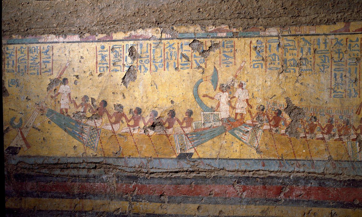 Egyiptomi antikvitás: Maia festő sírjának freskója, hajós zarándoklat Abydoson, Ozirisz idézése. 18. dinasztia. Maia kápolnájából Deir el-Medineh (el Medineh), New Empire Dim. 67 cm Torino, Egyiptomi Múzeum alkotó: Egyptian 18th Dynasty
