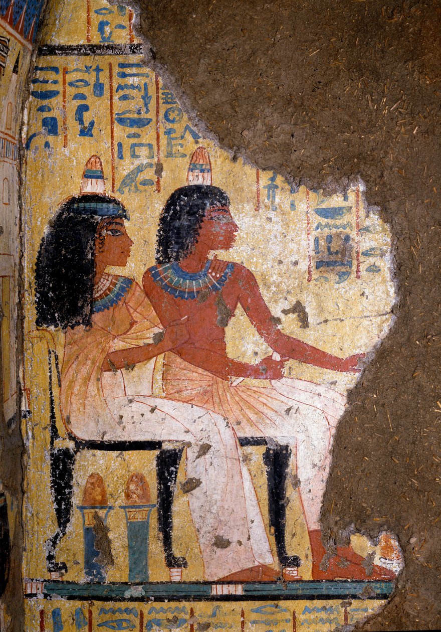 Egyiptomi antikvitás: Maia festő sírjának freskója, az elhunyt és felesége banketten ülnek. 18. dinasztia. Maia kápolnájából Deir el-Medineh (el Medineh), New Empire Dim. 67 cm Torino, Egyiptomi Múzeum alkotó: Egyptian 18th Dynasty