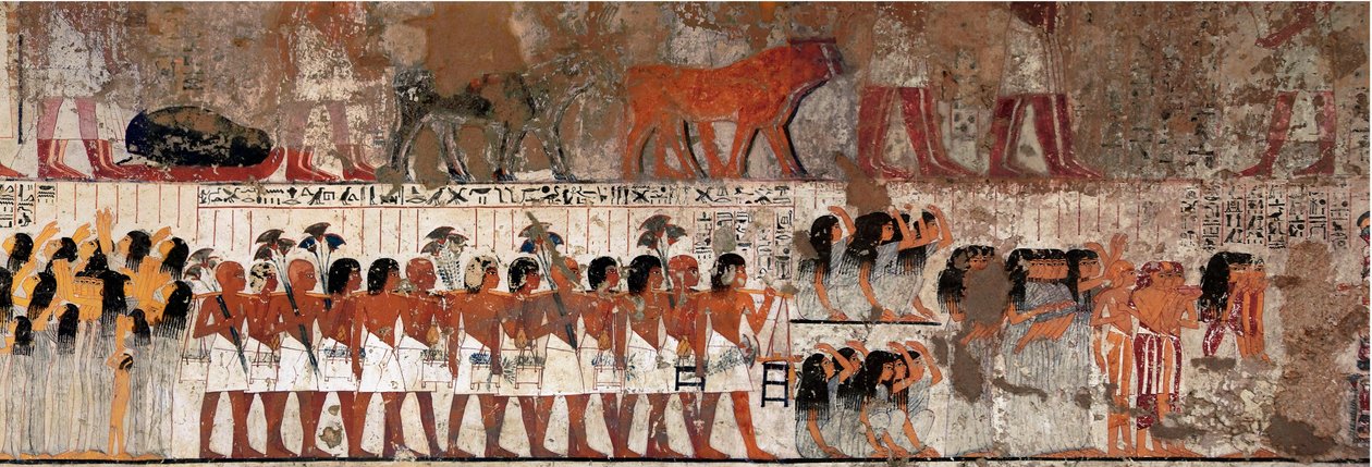 Egyiptomi antikvitás: temetési jelenet sírással. Ramose (Kr. e. 1411-1375), Théba kormányzója és vizírja, IV. Amenophis uralkodásának kezdete. Gournah (Sheikh Abd el-Gournah) nekropolisza, Egyiptom - ókori Egyiptom: gyászolók egy gyászmenetben. Tom alkotó: Egyptian 18th Dynasty
