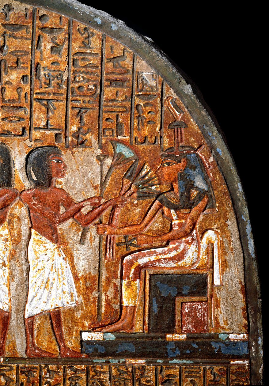 Egyiptomi antikvitás: Minhotep temetkezési sztéléje: egy részlet, amely Hathor istennőnek, aki az élet kulcsát egy Anszi-kereszt (Ankh) alakjában tartja, virágot ajánl fel. 18. dinasztia. Kr. e. 14. század. Torino, Egyiptomi Múzeum. alkotó: Egyptian 18th Dynasty