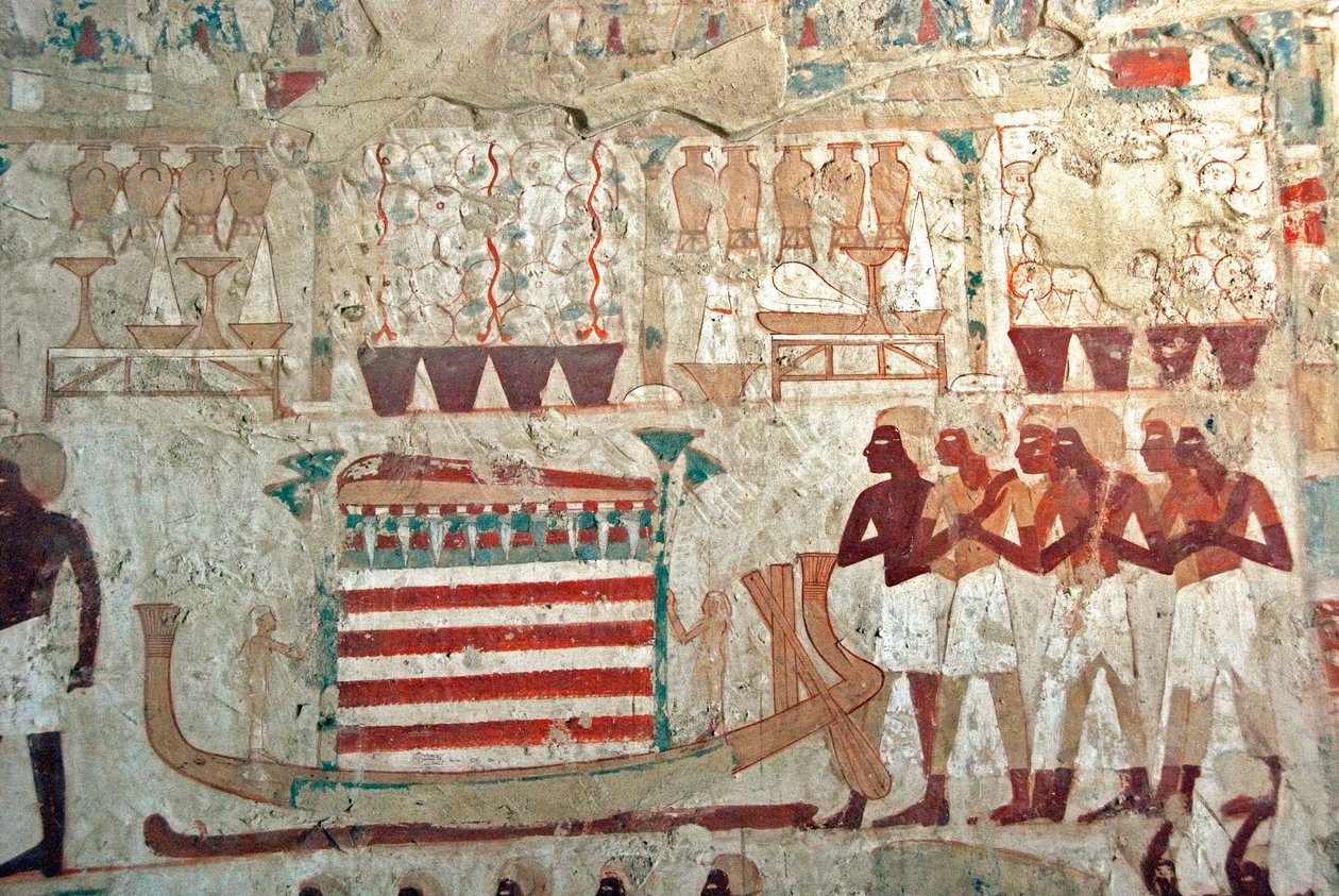 Egyiptomi antikvitás: Userhat (Ursehat) (TT56) Bath (18. dinasztia) vezető tisztviselőjének sírját díszítő festmény, amely a katafalkot szállító szent csónakot Oursehat múmiájával ábrázolja. Luxor, Ciszjordánia, Nemesek Völgye Egyiptom alkotó: Egyptian 18th Dynasty