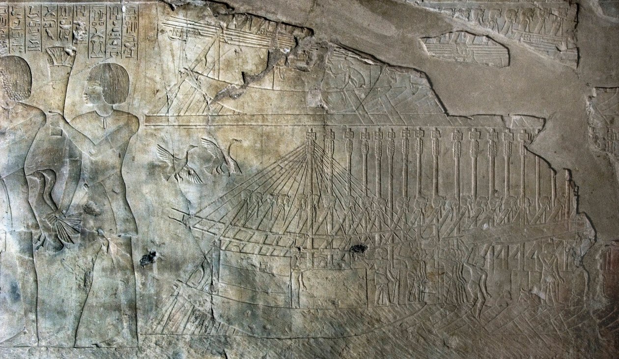 Egyiptomi antikvitás: dombormű Kha em Het (Khaemhat) padlásfelügyelő és írnok sírjából Amenophis III udvarában (TT57), aki egy hajóflottát képvisel. 18. dinasztia. Kr.e. 1530-1290. Vallee des Nobles. Luxor, Ciszjordánia, Egyiptom alkotó: Egyptian 18th Dynasty
